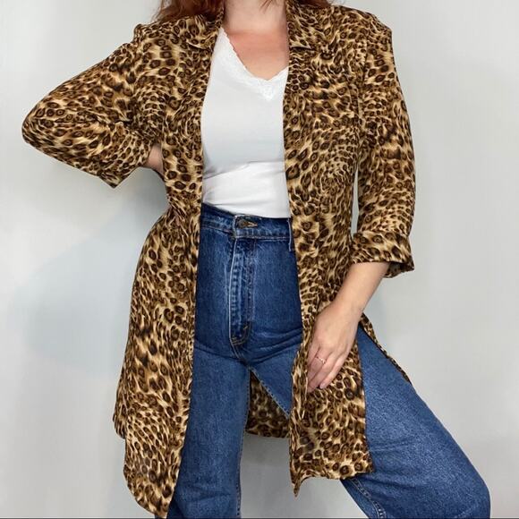Vintage 90s Studio 1 Plus Size 16 Neutral Leopard Cheetah Print Duster Blouse - Picture 1 of 11